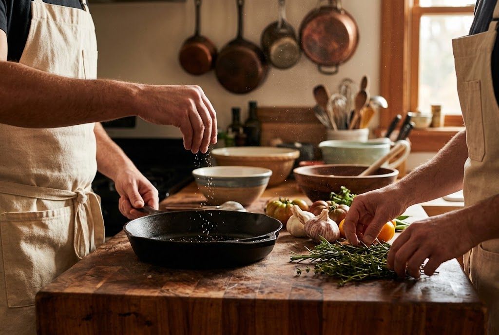 Two chefs working together over a butcher block counter, seasoning a cast-iron pan and arranging fresh herbs