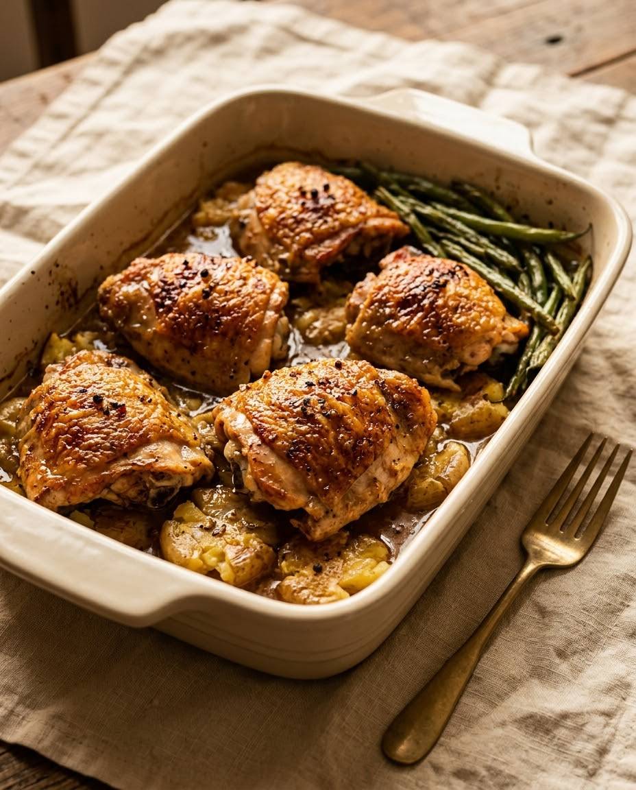 Golden buttermilk-roasted chicken thighs with garlic smashed potatoes and pan gravy in a cream ceramic baking dish