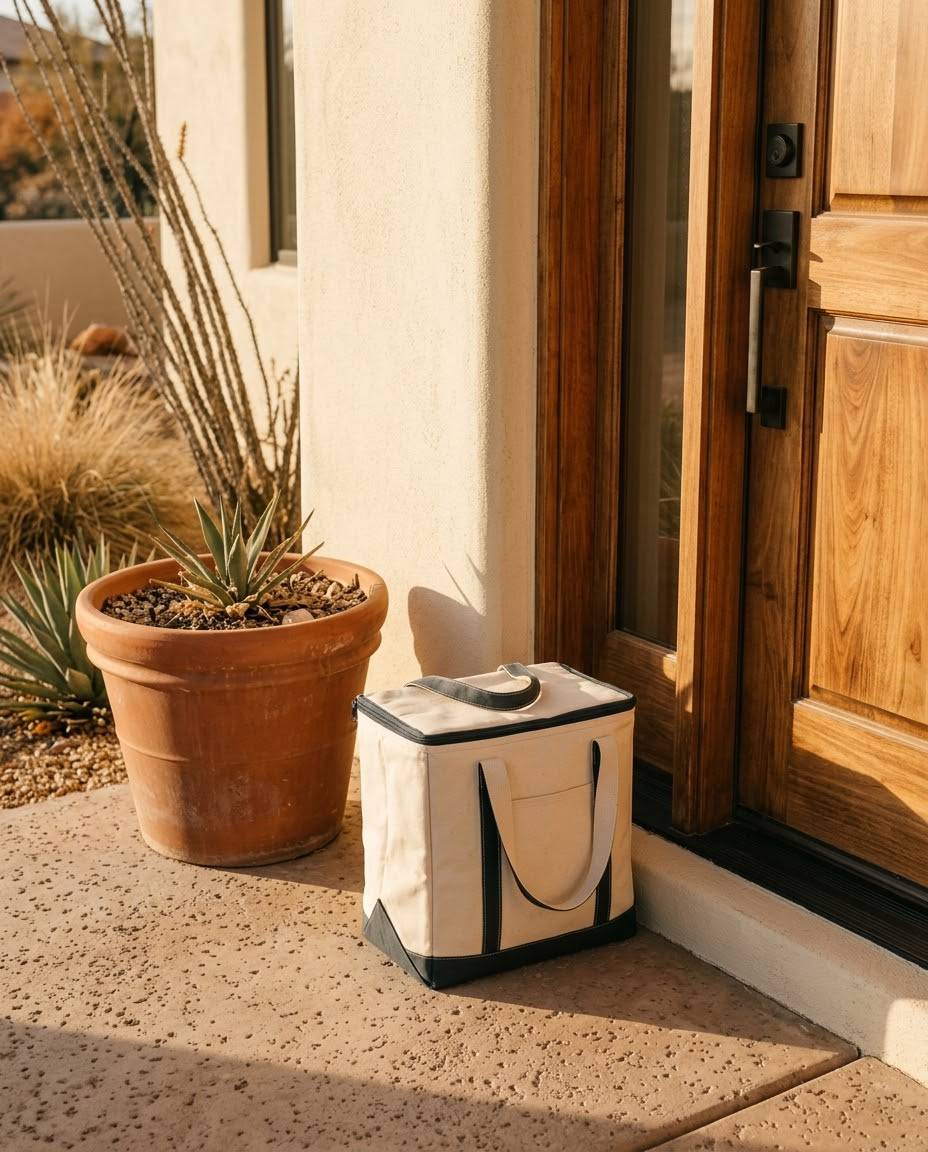 An insulated meal-delivery bag on a warm residential doorstep beside a terracotta succulent, desert landscaping beyond