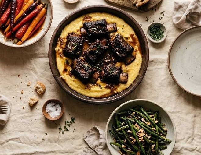 Overhead view of a family dinner spread: braised short ribs over polenta, roasted rainbow carrots, green beans with pine nuts