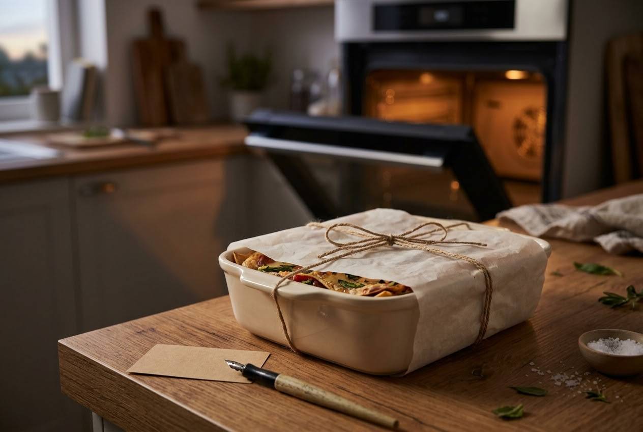 An oven-ready meal packed in a ceramic dish wrapped in parchment and twine, resting on a wooden counter beside a glowing open oven, with a handwritten note and pen