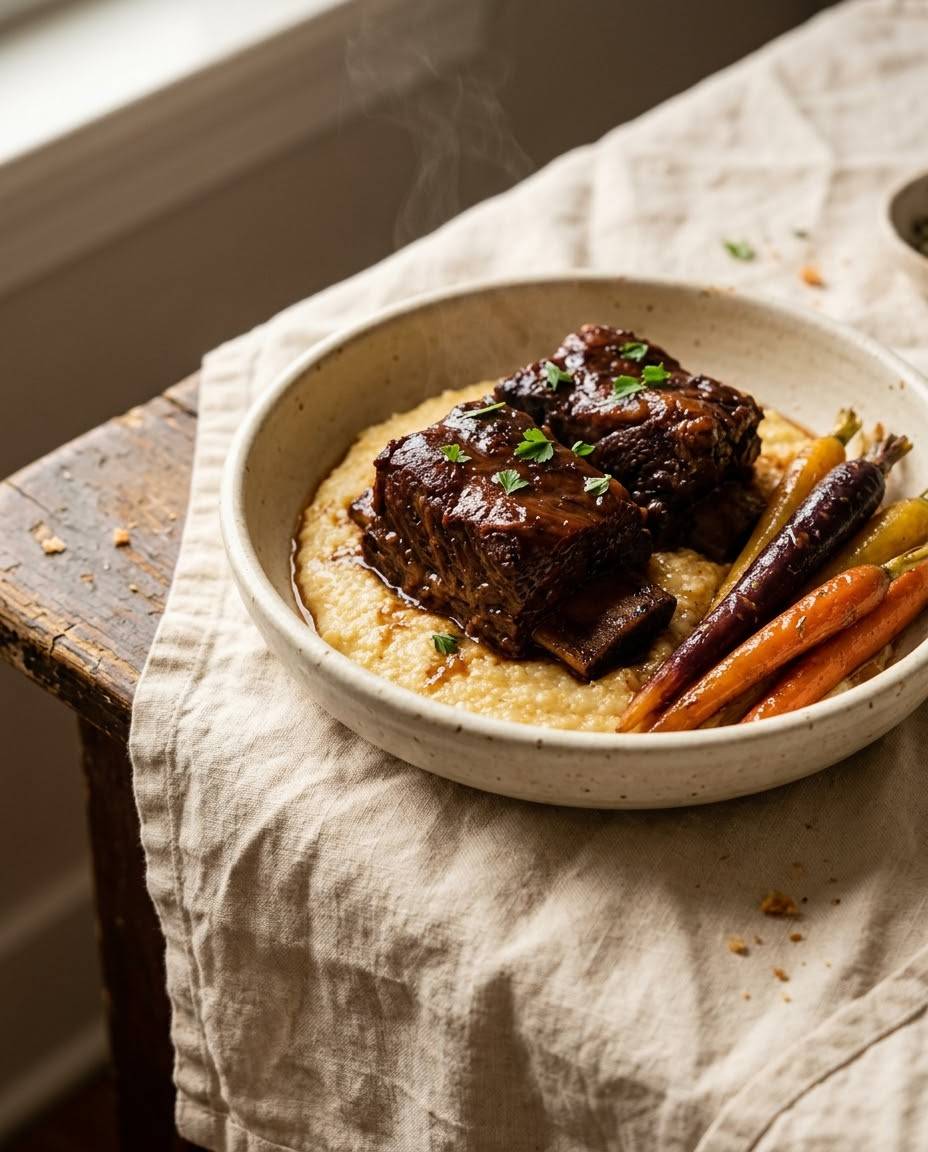 Red-wine braised short ribs over parmesan polenta with glazed rainbow carrots in a cream ceramic dish
